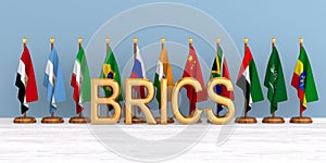 Set flags BRICS in room. 3D illustration