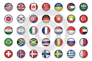 Set of flags buttons of various countries, 3d shaped and glossy