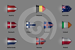Set of flags in the form of a glossy textured label or bookmark. European countries Austria Belgium Denmark Finland Iceland