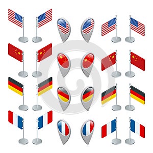 Set flags and GPS location symbol. USA, China, Germany and France.