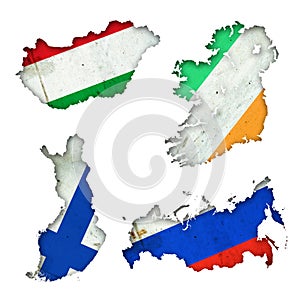 Set, Flags of Hungary, Ireland, Finland, and Russia in the form of a map. Shadow. Isolated on white background. Signs and symbols