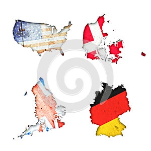 Set, Flags of the USA, England, Denmark, and Germany in the form of a map. Shadow. Isolated on white background. Signs