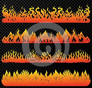 Set of flame and fire in vintage style. Hand drawn engraved monochrome bonfire or burn sketch. Vector illustration for