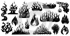 Set of flame and fire in vintage style. Hand drawn engraved monochrome bonfire sketch. Vector illustration for posters