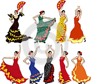 Set of flamenco dancers in colorful traditional spanish dresses