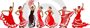 Set of flamenco dancers in red traditional spanish dresses isolated on white