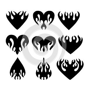 Set of flaming hearts and flames in y2k, 00s, 90s style. Tattoo collection - trendy abstract aesthetic y2k heart, drop