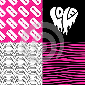 Set of flamour y2k sad love conception poster backgrounds in goth style. Trendy gothic emo 2000s concept. Anti