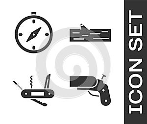 Set Flare gun pistol, Compass, Swiss army knife and Wooden log icon. Vector