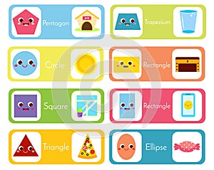 Set of flashcards wtih forms and objects. Geometric shapes for kids. Educational material for children, kids, toddlers