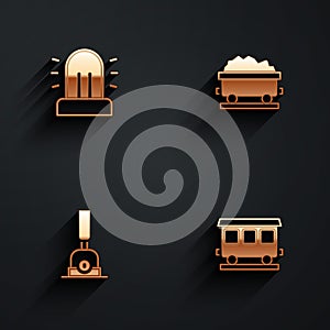 Set Flasher siren, Coal train wagon, Arrow for switching the railway and Passenger cars icon with long shadow. Vector