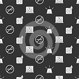 Set Flasher siren, Electric wiring of socket in fire, No Smoking and Interior fireplace on seamless pattern. Vector