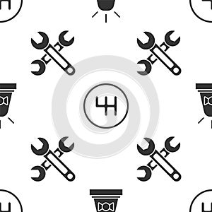 Set Flasher siren, Gear shifter and Wrench on seamless pattern. Vector