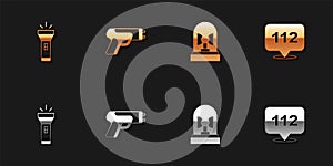 Set Flashlight, Police electric shocker, Flasher siren and Telephone call 112 icon. Vector