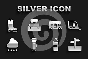 Set Flashlight, Rv Camping trailer, Road traffic sign, Bottle of water, Cloud with rain, RV motorhome vehicle