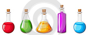 Set of flasks with colorful liquids. Vector illustration.