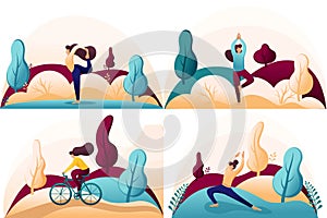 Set Flat 2D concepts doing yoga, pose, asana, Cycling outdoors in the Park. For Concept for web design