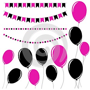 Set of flat black and pink isolated silhouettes of balloons on ropes and garlands of flags