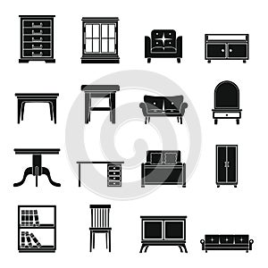 Set flat black silhouette office and house furniture