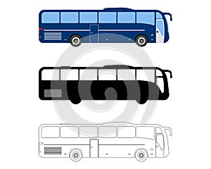 Set of Flat Bus icon. Cartoon, Outline, Silhouette Vector illustration