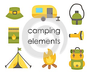 Set of flat camping elements for creating logos, cards and posters.
