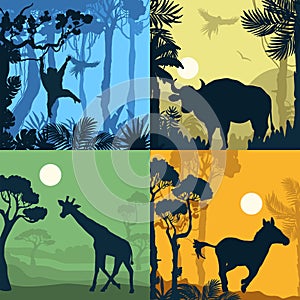 Set of flat cards with savannah animals silhouettes
