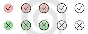 Set of flat check and cross buttons. Round signs and different line thicknesses, green and red. Vector graphics