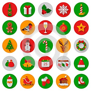 Set of flat Christmas Icons in circles with shadow