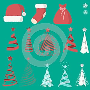 Set of flat Christmas icons in red and white colors. New year vector illustration icon
