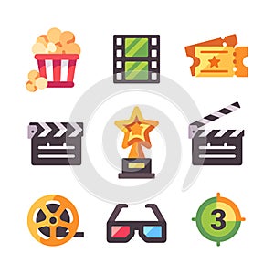 Set of flat cinema icons. Movie premiere icons