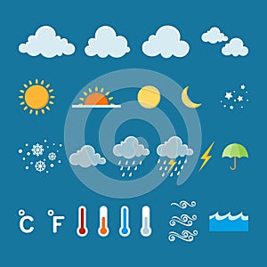 Set of flat color weather icons.