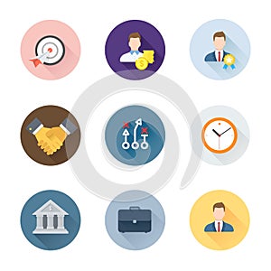Set of flat colored business icons of management, handshake, goal and banking