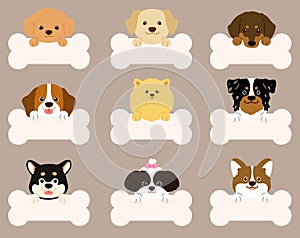 Set of flat colored cute and simple dog heads with front paws holding a bone