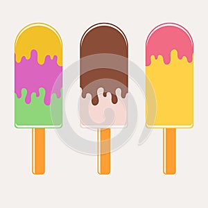 Set of flat colored insulated Popsicle drizzled with glaze. On wooden sticks. On a white background