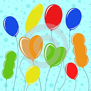 Set of flat colored isolated balloons on the clothesline. Simple drawing on a blue background