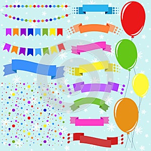 Set of flat colored isolated balloons on ropes and garlands of flags. A set of ribbons of banners of different shapes. Background