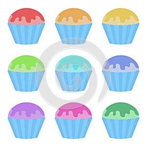 Set of flat colored isolated cakes drizzled with glaze. The striped baskets. Delicious color on a white background