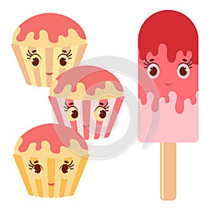 Set of flat colored isolated cartoon cake drenched with frosting is pink. The striped baskets. Pink Popsicle on a wooden stick