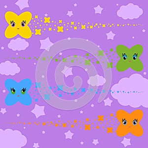 Set of flat colored isolated stars of cartoons flying across the sky. Funny cute characters for decoration