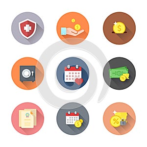 Set of flat colorful business icons. Iconic banking