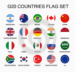 Set flat colorful vector circle flags of the country members G20. Group of nations.