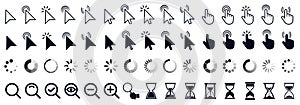 Set of flat cursor icons in hand and arrow form. Mouse click cursor set. Arrow and hand pointer, loading, progress - for stock