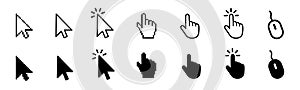 Set of flat cursor icons in hand, arrow and mouse forms. Mouse click cursor set. Arrow and hand pointer, loading, progress