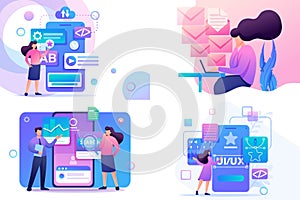 Set Flat 2D concepts Mobile app, UI UX Design, Super testing, Send message. For Concept for web design