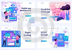 Set Flat 2D concepts Mobile app, UI UX Design, Super testing, Send message. For Landing page concepts and web design