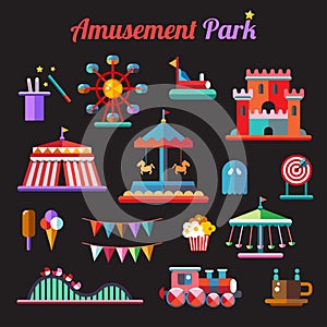 Set of flat design amusement park icons