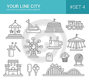 Set of flat design amusement park line icons