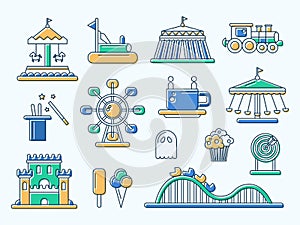 Set of flat design amusement park line icons