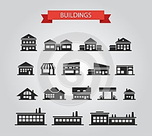 Set of flat design buildings pictograms