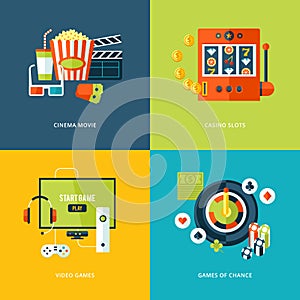 Set of flat design concept icons for entertainment kinds.